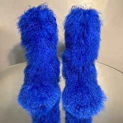 Blue Real Fur Shaggy Knee Boots Size 9.5 