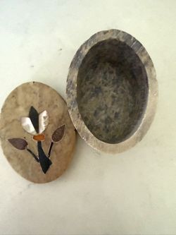 Stone Inlaid Floral Trinket Box  Unique stone box with a pretty inlaid floral design. Oval shape. Good for holding little trinkets or jewelry. Inlay h