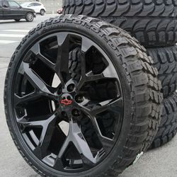 24" 24x10 Chevy Silverado GMC Sierra Glossy BLACK Wheels & Tires 33" Off-Road Suburban Escalade Tahoe Yukon Rims Rines Setof4..FINANCING 