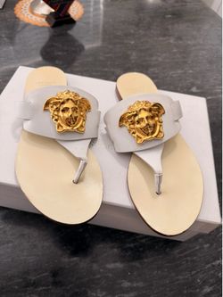 Versace White Leather Medusa Sandals - Luxury Italian Craftsmanship.