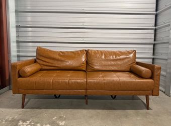 Mid-Century Modern Tan Leather Sofa / Delivery Included