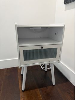 White Nightstand with Charging Station & Storage