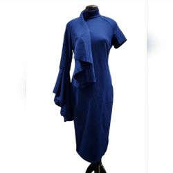 Size Large Short Sleeved High Neck Ruffle Elegant Blue Women's Dress