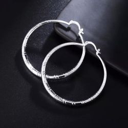 925 Sterling Silver 2” Large Thick Round Diamond Cut Hoop earrings 
