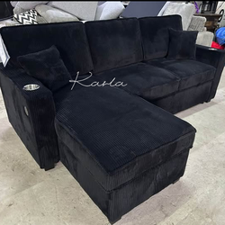 2-pc sectional sofa with pull-out bed & storage black Corduroy
