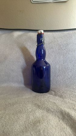 Cobalt Blue Glass Bottle 9” Tall With Wire Bail Swing Top Stopper Decorative