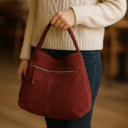New Genuine Suede Burgundy Whipstitch Hobo Shoulder Bag Short Handle Wide Base
