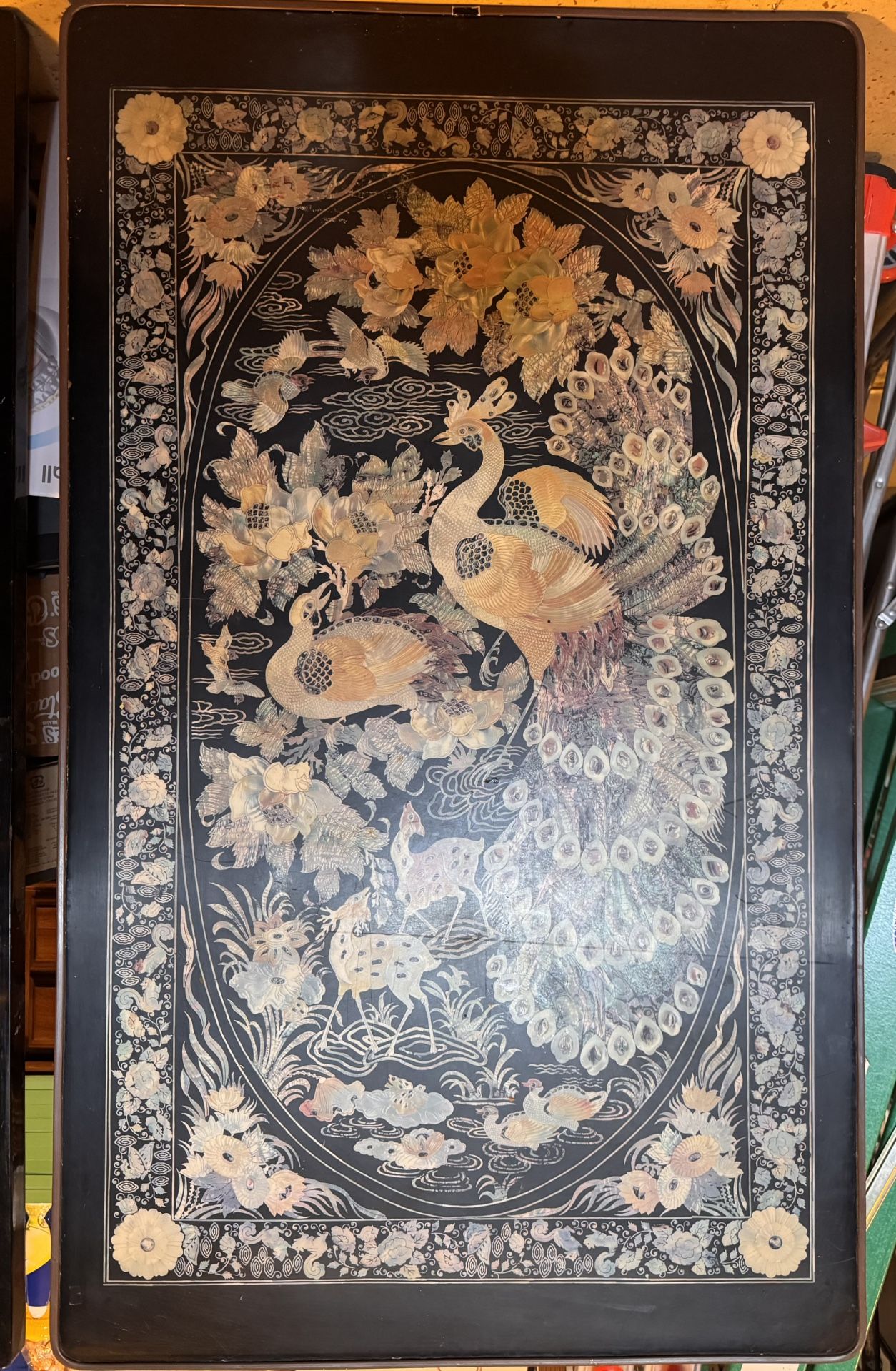 Korean Chinoiserie Black Laquer Screenprint Inlay Low Folding Table