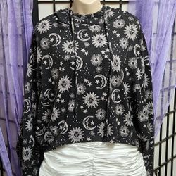 Midnight Bakery Women's Celestial Sun Moon & Stars Hacci Hoodie Size Small Black