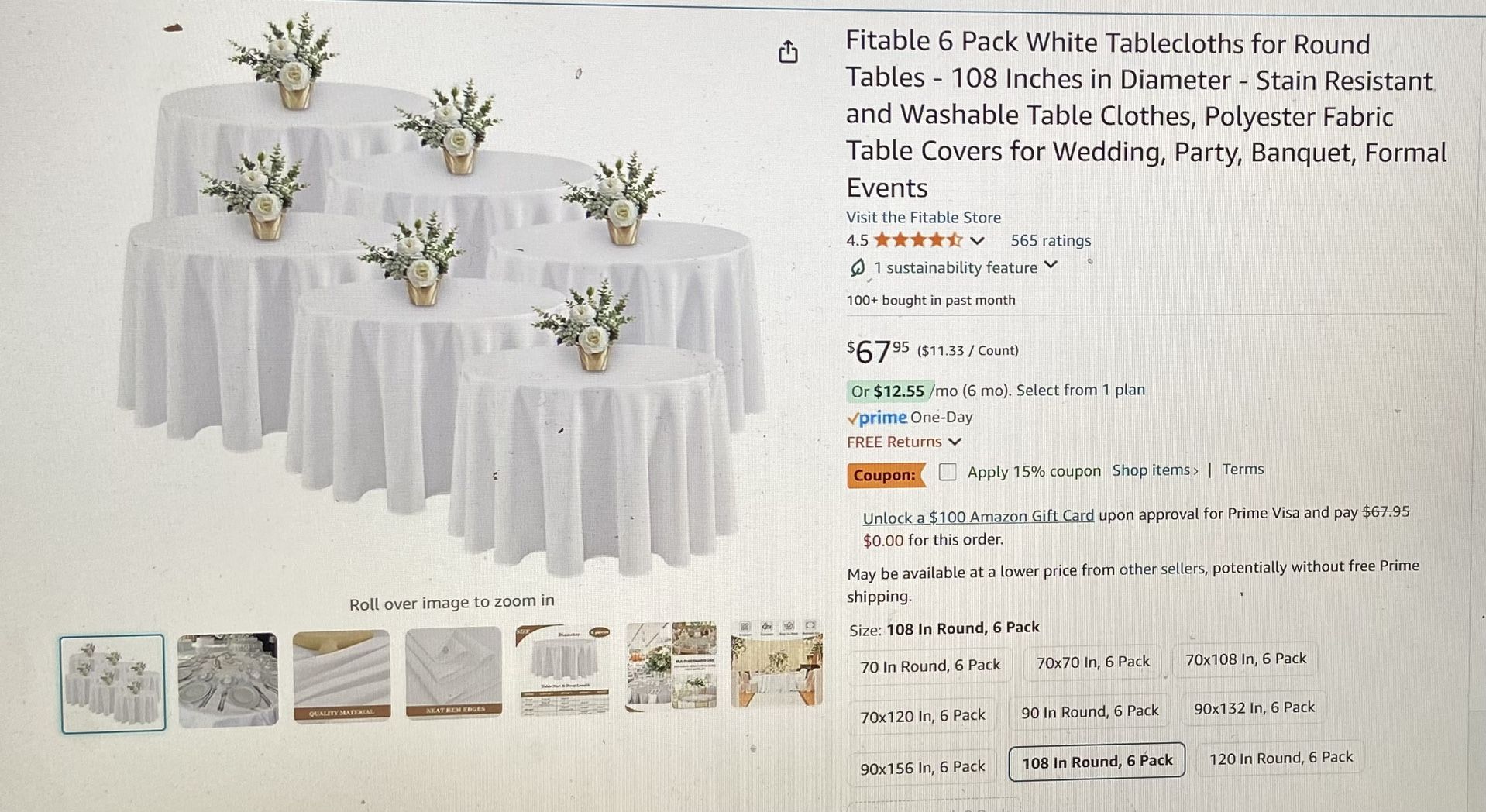 6 Banquet Tablecloths - Round 108” White