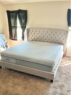 King bed + Mattress - Grey Linen Bed w/ Wingback design & Button Tufted Headboard