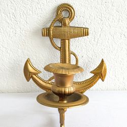 Vintage Anchor Wall Hanging Taper Candle Holder, Gold Tone Solid Brass 8”