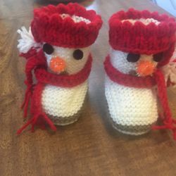 Handmade Knitted Booties for Babies in the Form of Snowmen