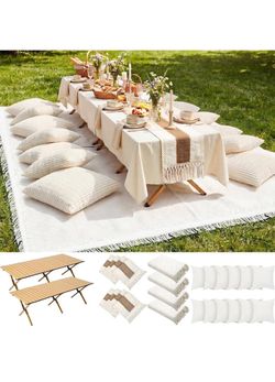 Novabright Picnic Kit Folding Picnic Table Extra Large Outdoor Boho Blanket Beige Table Runner Floor