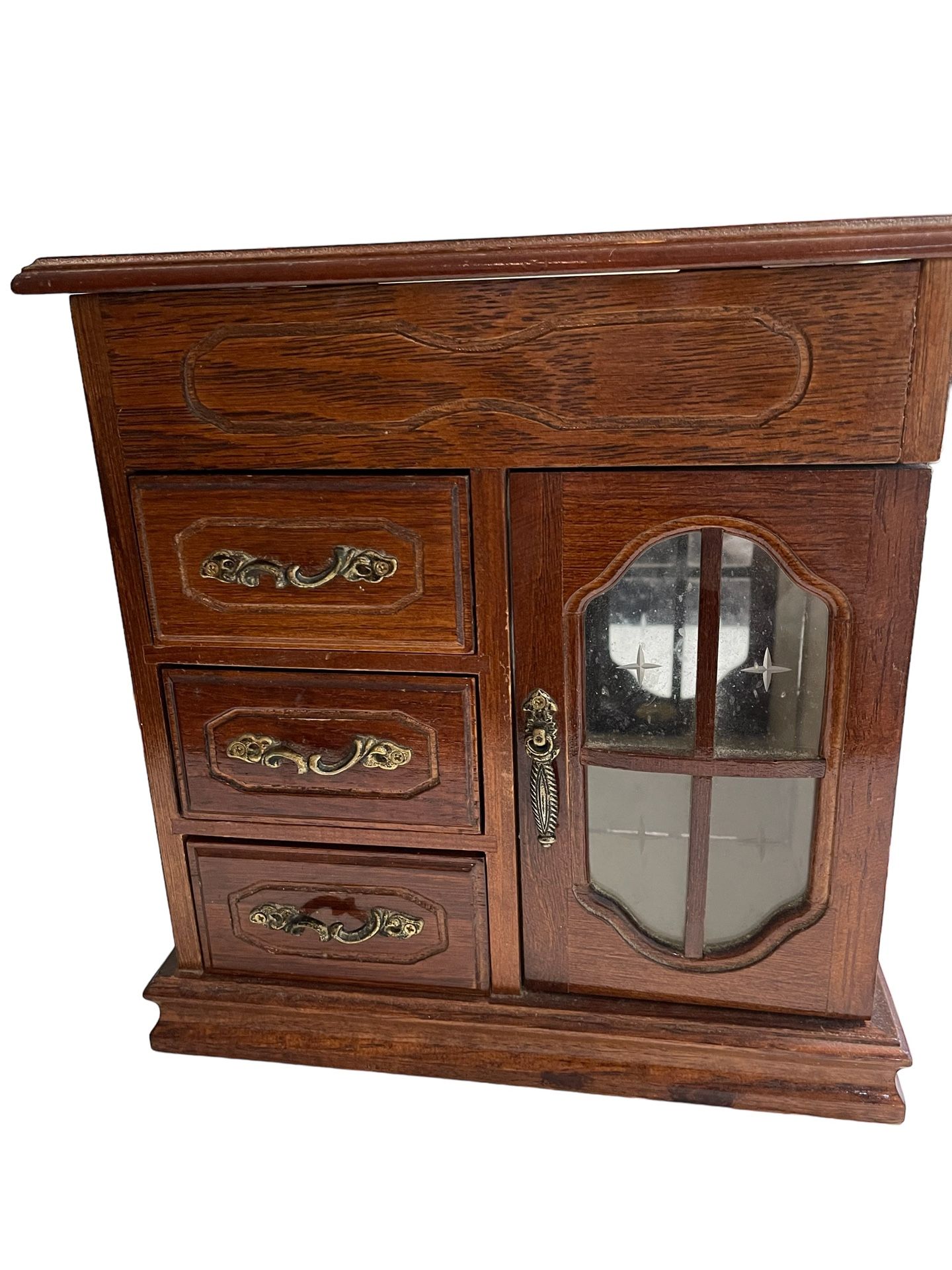 Vintage 1980s Wood Suede 5 Compartments Mirrored Jewelry Chest Metal Handles