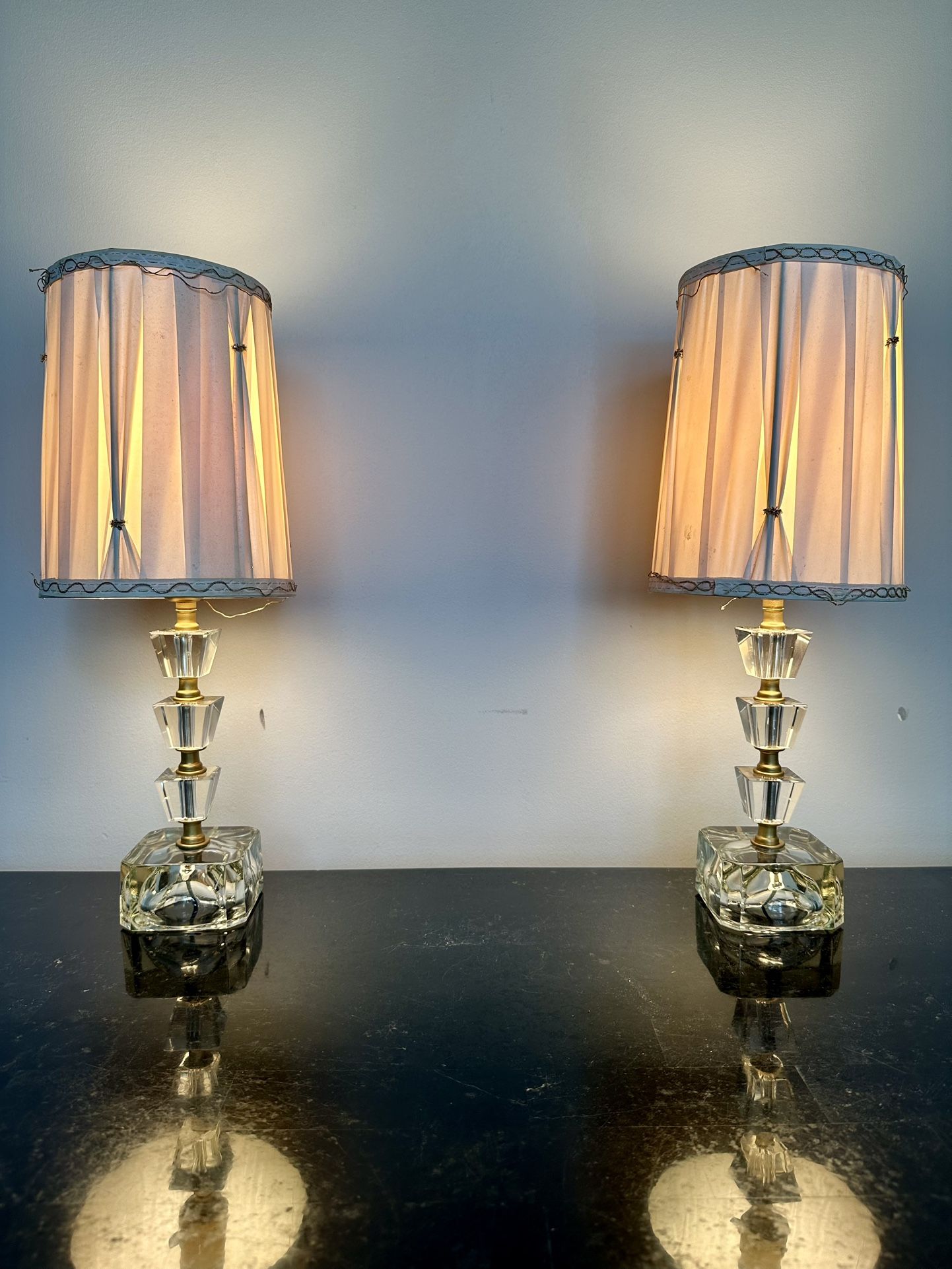 Pair Of Antique Art Deco Stacked Glass Table Lamps with Gold Accents
