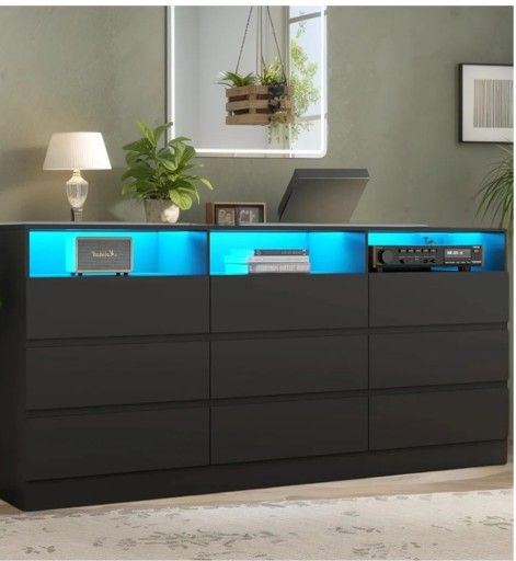 Drawer Dresser for Bedroom with LED Lights & Power Outlet, Large 63" Black Dressers & Chest w/Deep Drawers, Triple Wide Dresser Assembled Is Ready