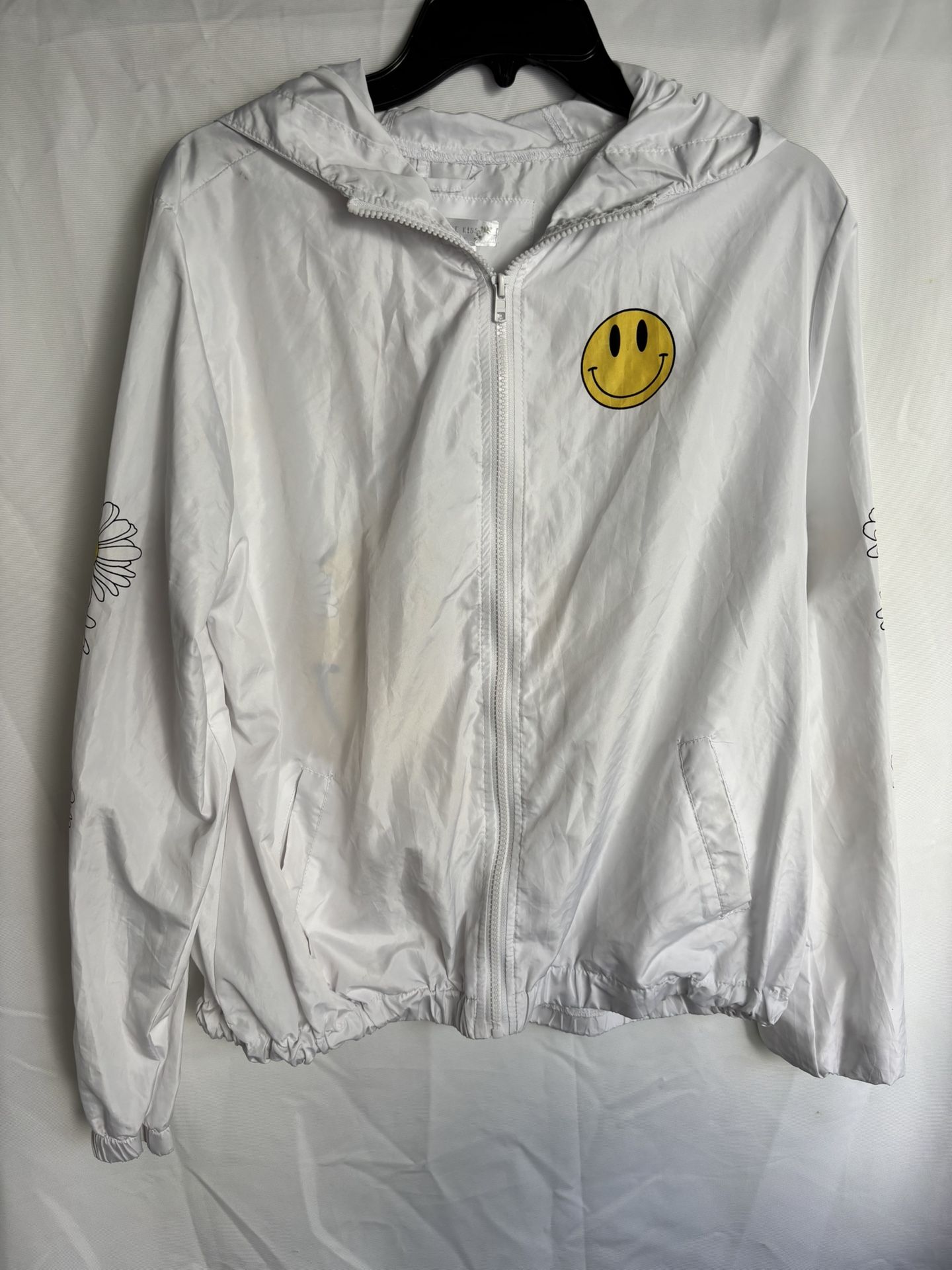 Orange Kiss Size L white windbreaker happy face “stay positive” zipper front