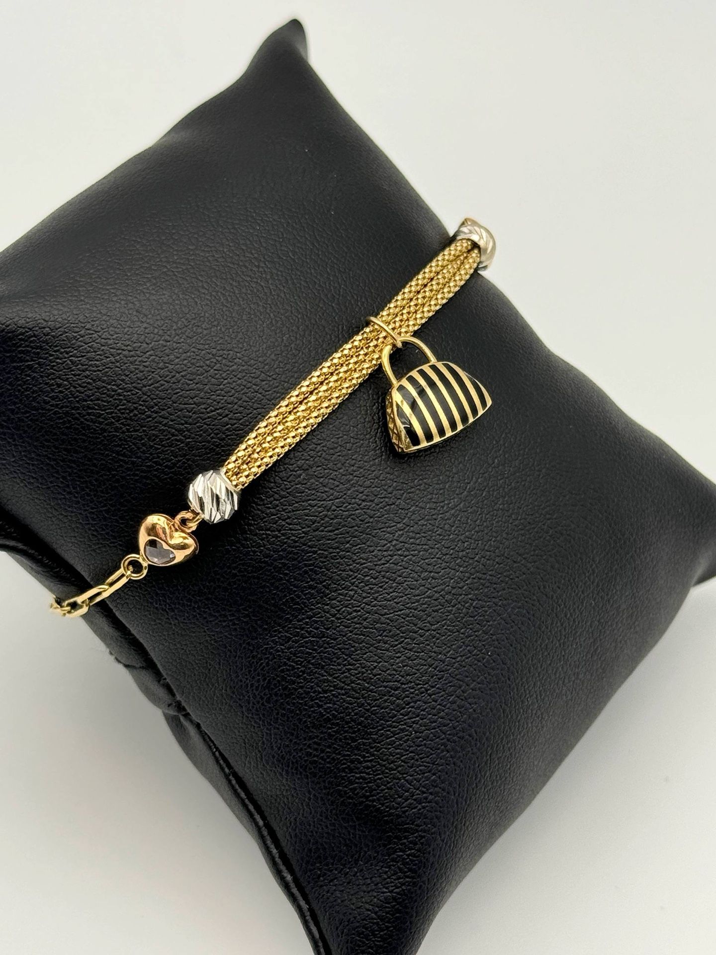 14k three tone CZ stone Bag charm heart fashion 8” bracelet