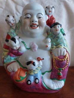 Chinese Porcelain Laughing Buddha with Children Figurine