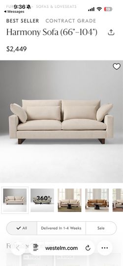 West Elm Couch White Sand with Dark Walnut Legs