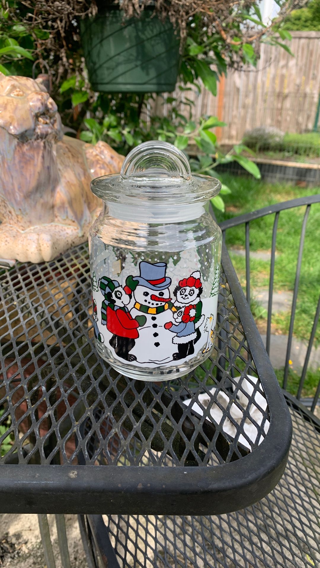 Vintage Glass Jar Storage Container Christmas Pandas Snowman ADGI 1993 Lid Kitschy Anthropomorphic