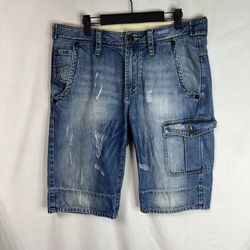 Vintage Y2K Armani Exchange Distressed Denim Cargo Shorts Mens 32 Blue AX Skate