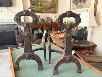 Antique Cast Iron Arts and Crafts Style Keyhole Andirons