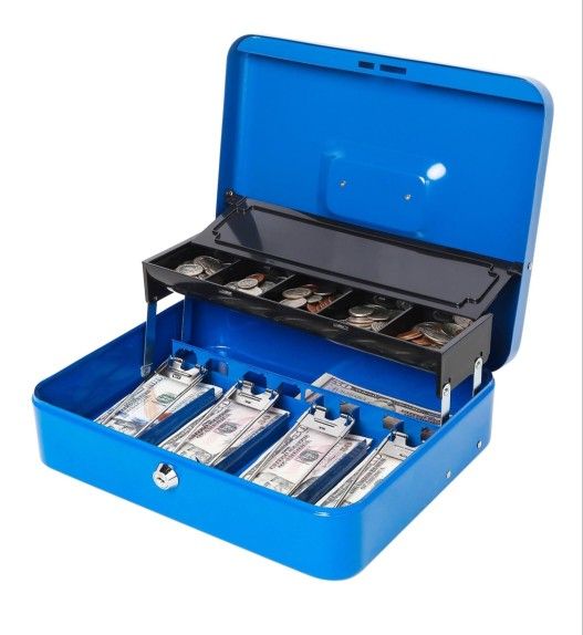 Cash Box in Blue with A Black Coin Box, Comes with 4 Keys To Lock and Unlock New!