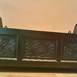 Vintage Black Hand Carved Vietnamese Storage Bench