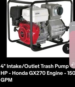 Honda GX270 4" Intake/Outlet Trash Pump