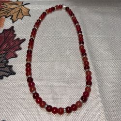 NWOT Red Trendy Beaded Necklace With Glass Beads & Silver Rhinestones Spacers