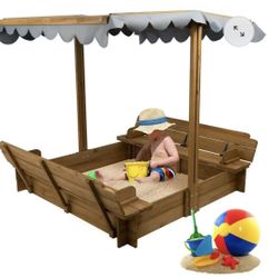 Wooden Sandbox with Cover, 48x48" Kids Sandbox with 2 Foldable Bench Seats