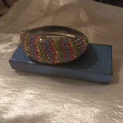 Multicolored Rhinestone Hinged Silver Bracelet