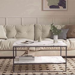 35” Marble Coffee Table, Faux Marble Top Rectangular Coffee Table