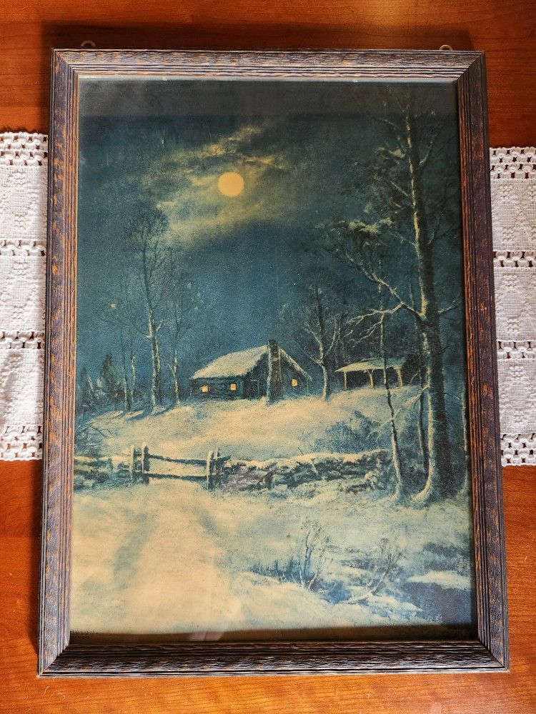 Vintage Framed Wintry Night Lithograph W M. Thompson? 21.75"x15.75"