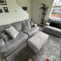 Grey Couch And Large Chair With Ottoman