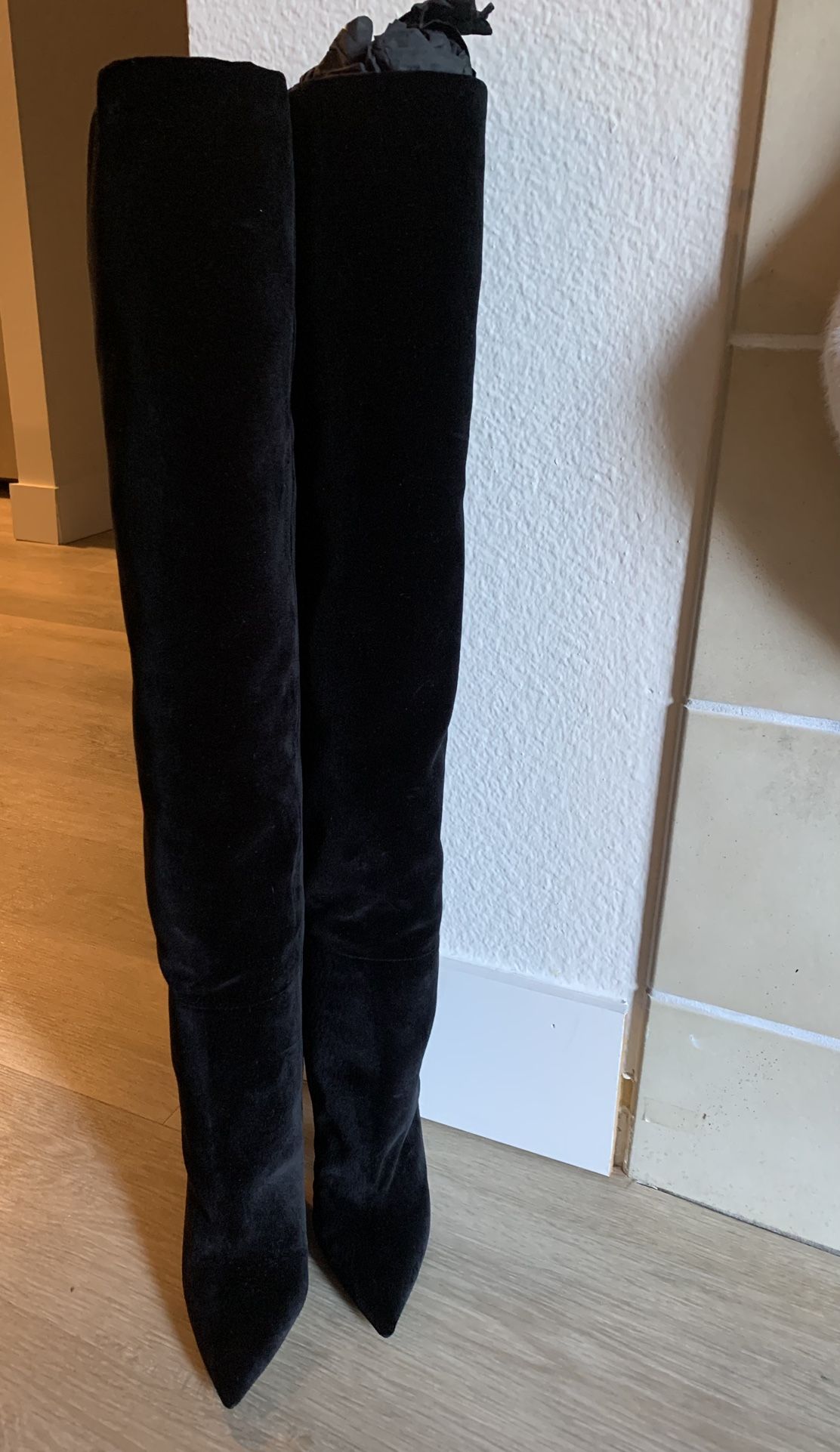 Ysl Black Velvet Size 37 Thigh High Boots