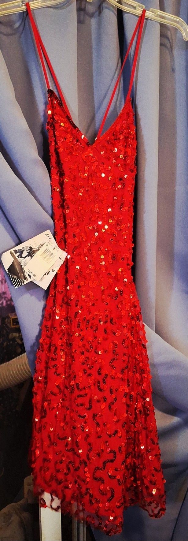 Vintage 90's BETSEY JOHNSON, STUNNING Red Sequined, Spaghetti Strap, Sz-6, Holiday/Party/Cocktail Dress