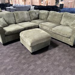 Sage Green Sectional w/ Ottoman 