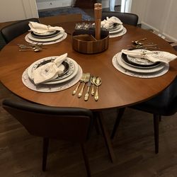 Conan 54” Round Walnut Dining Table + 4 Walnut & Black Leather Chairs – Excellent Condition