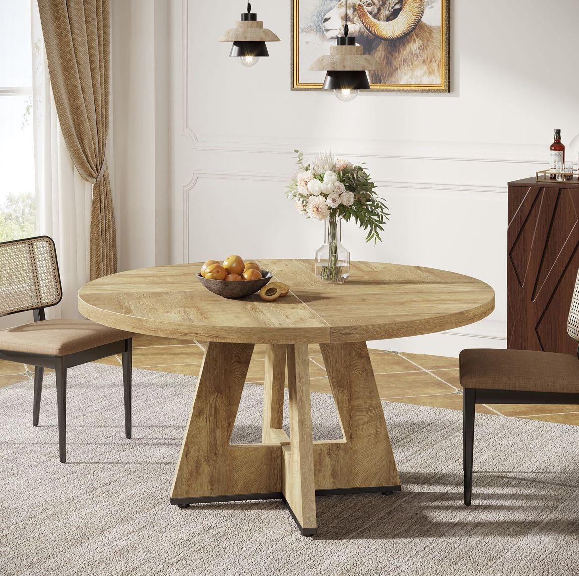 Round Dining Table for 4, 47" Wooden Kitchen Table Farmhouse Dinner Table