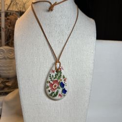 Large Hand Painted Ceramic Pendant on Leather Cording Necklace