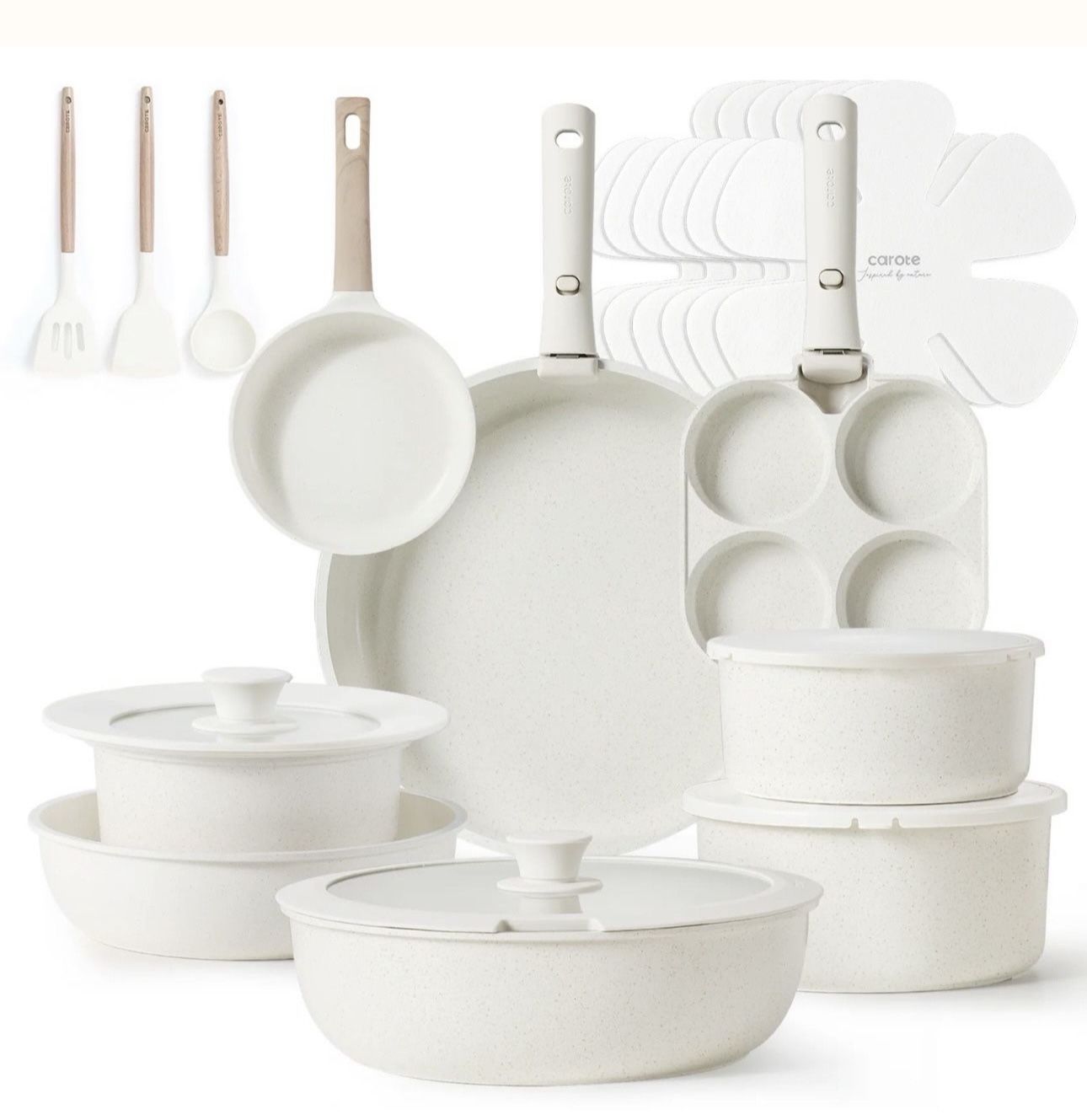CAROTE 23pcs NonStick Pots and Pans White Cookware set with Detachable handles