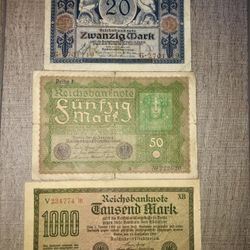 1(contact info removed) German First Year Weimar Republic Banknotes: 20, 50, 1000 marks .