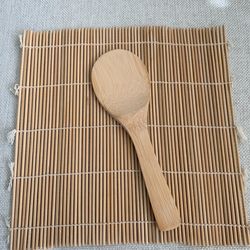 Bamboo Rice Spoon and Sushi Rolling Mat Set, Reusable Kitchen Tools, Beige