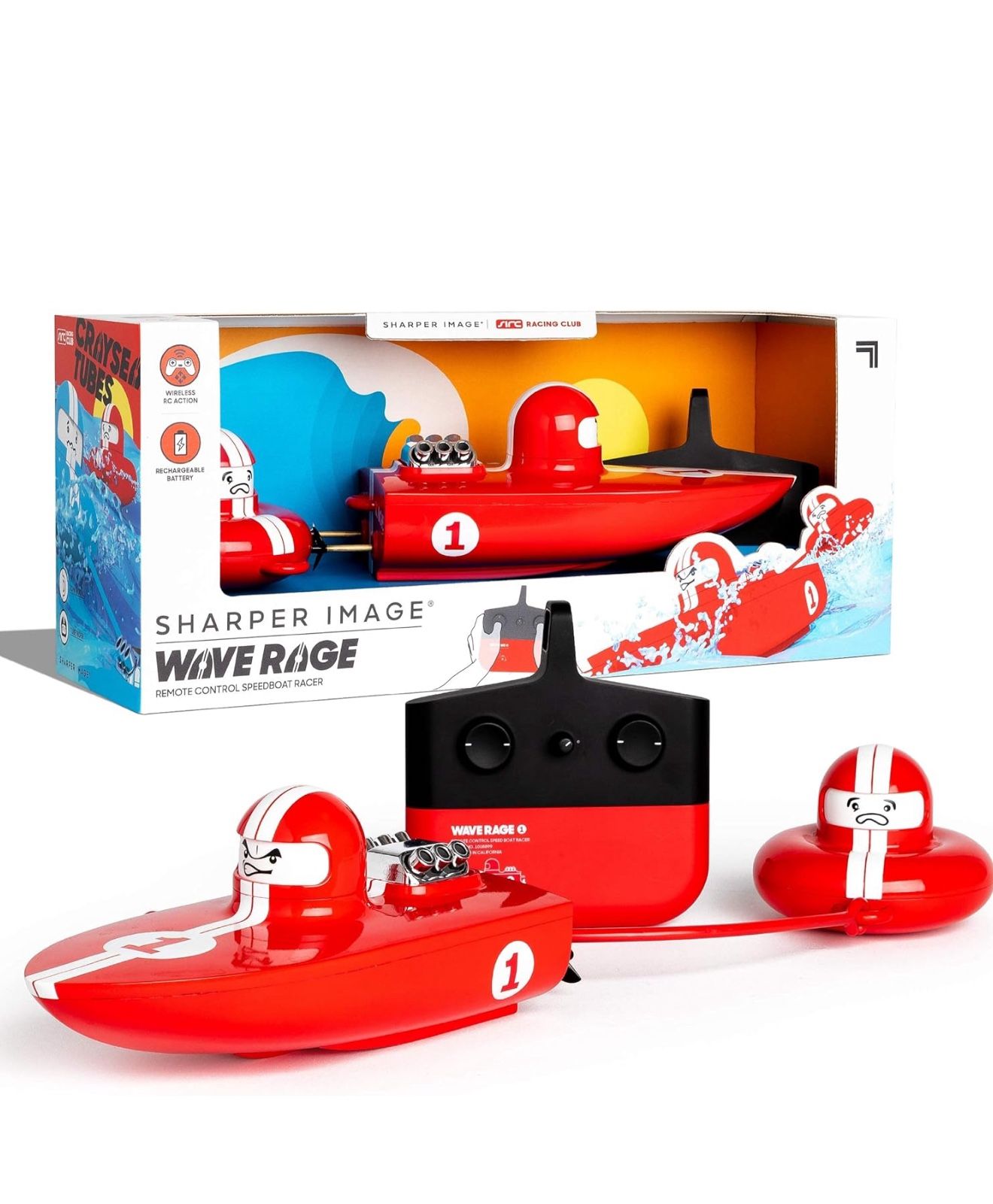 Sharper Image The RC Wave Rage, Wireless Rechargeable Bumper Boat with Tow Rider - Red