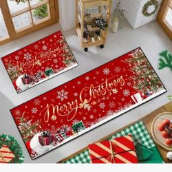 Merry Christmas Kitchen Rugs Set Of 2, Winter Snowflake Xmas Tree