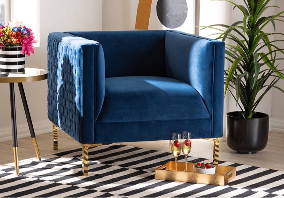 Baxton Studio Seraphin Glam & Luxe Navy Blue Velvet Fabric Upholstered Gold Finished Armchair