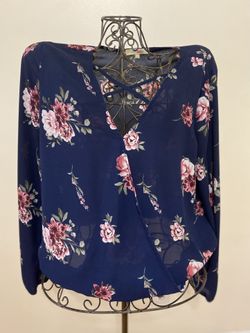 Navy Blue Blouse adorned with a pink floral pattern